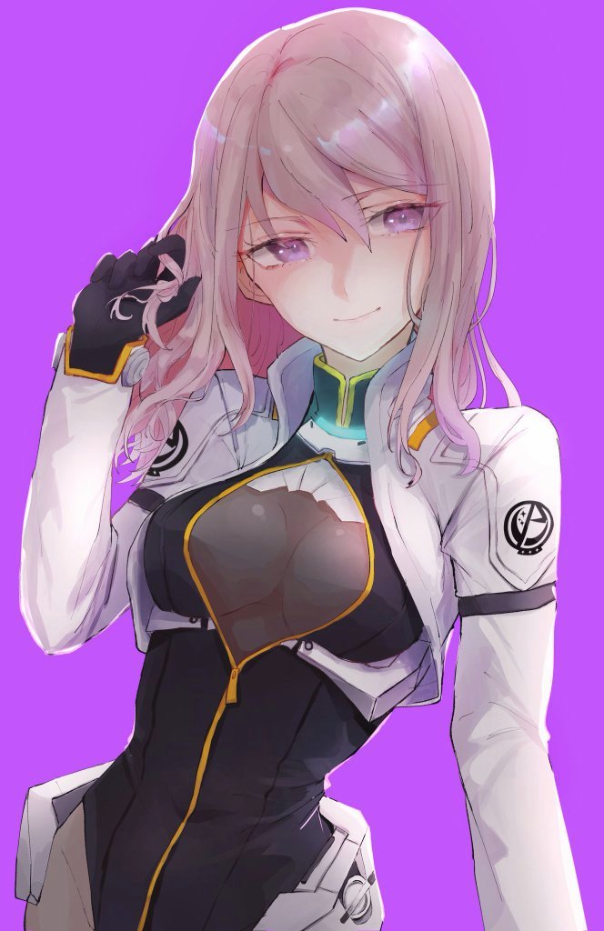 1girl, alice_gear_aegis, black_gloves, bodysuit, breasts, closed_mouth, eyebrows_visible_through_hair, gloves