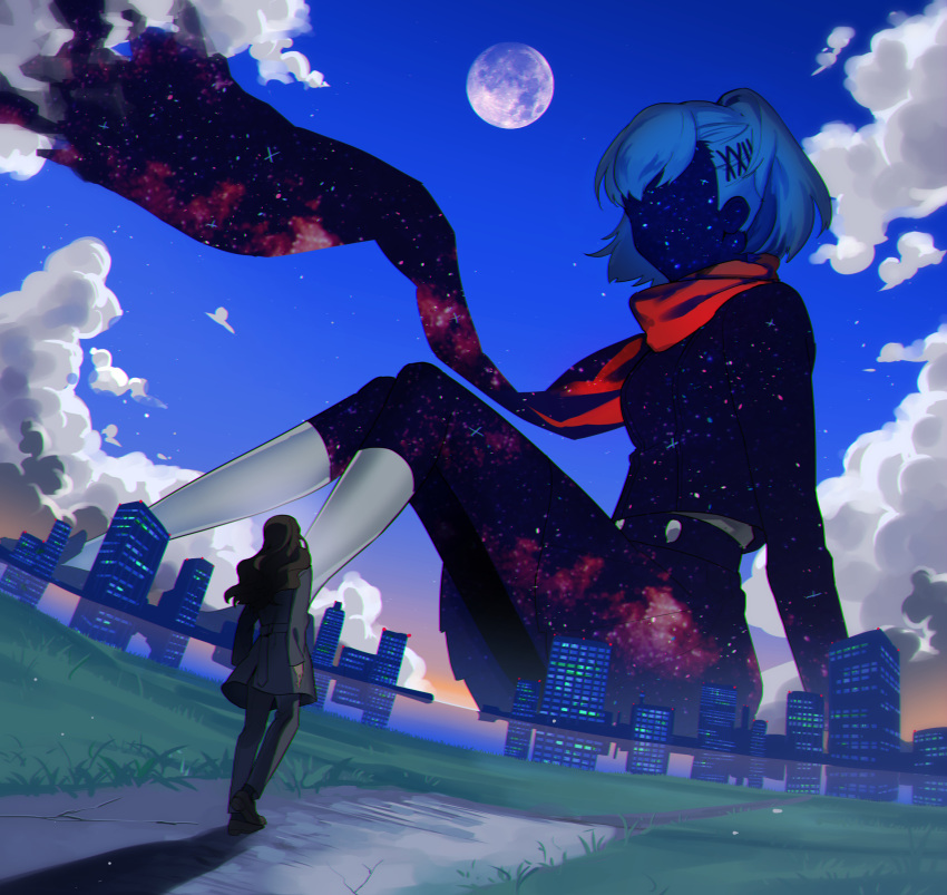 1boy, 1girl, breasts, clouds, female_protagonist_(persona_3), giantess, hair_ornament, hairclip, highres, ikutsuki_shuuji, ine_(goin), moon, persona, persona_3, scarf, school_uniform, short_hair, skirt, socks, space
