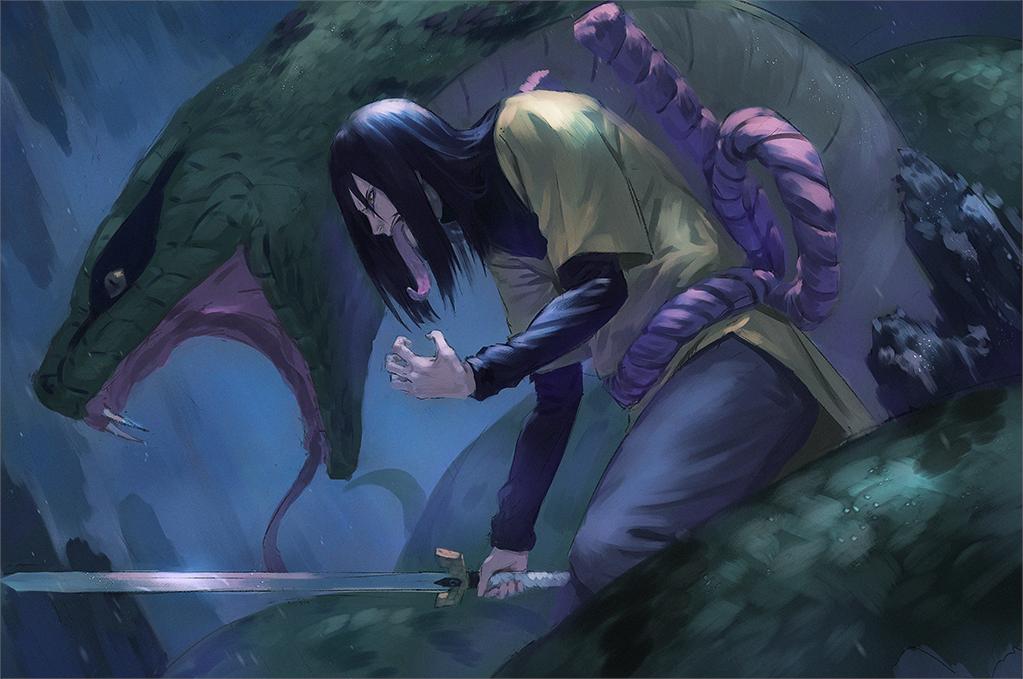 1boy, animal, black_hair, from_side, giant_snake, grey_pants, holding, holding_sword, holding_weapon, japanese_clothes, long_hair, long_sleeves, long_tongue, male_focus, manda_(naruto), naruto, naruto_(series), o-ring, orochimaru, oversized_animal, pants, profile, short_over_long_sleeves, short_sleeves, snake, solo, sword, tongue, tongue_out, very_long_tongue, wasabi60, weapon