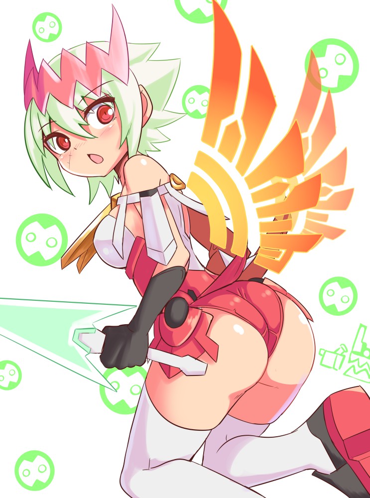 1girl, ass, azure_striker_gunvolt, bangs, bare_shoulders, blush, breasts, commentary_request, company_connection, cosplay, cougar1404, dragon:_marked_for_death, empress_(dmfd), energy_blade, eyebrows_visible_through_hair, facial_scar, gloves, hair_ornament, holding, holding_weapon, looking_at_viewer, looking_back, medium_breasts, open_mouth, red_eyes, roro_(gunvolt), roro_(gunvolt)_(cosplay), scar, scar_on_cheek, short_hair, solo, thigh-highs, weapon, white_legwear