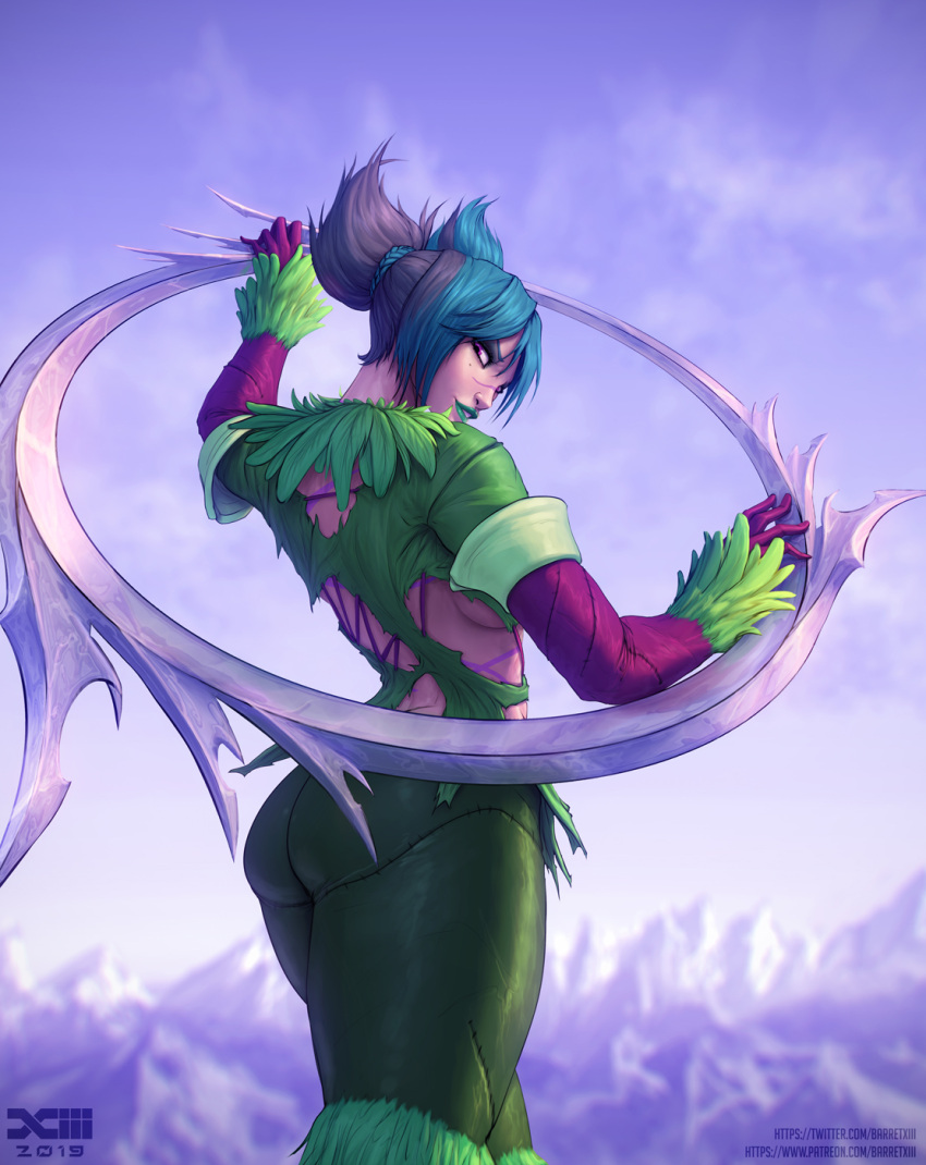 1girl, ass, barretxiii, black_hair, blue_hair, chakram, detached_sleeves, eyeshadow