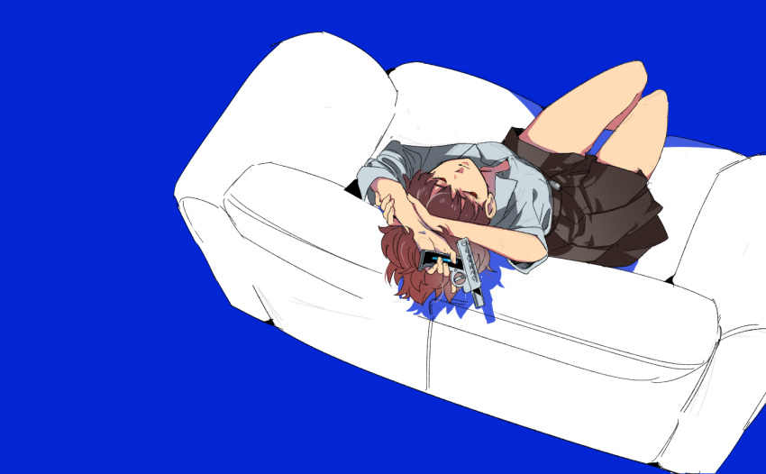 1girl, blue_background, breasts, brown_hair, closed_mouth, couch, evoker, female_protagonist_(persona_3)