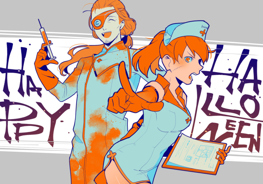 1boy, 1girl, breasts, brown_hair, closed_eyes, commentary_request, female_protagonist_(persona_3), halloween