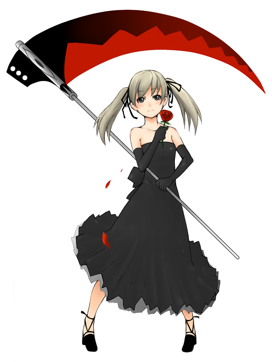 1girl, black_dress, blush, brown_hair, closed_mouth, commentary_request, dress, gloves