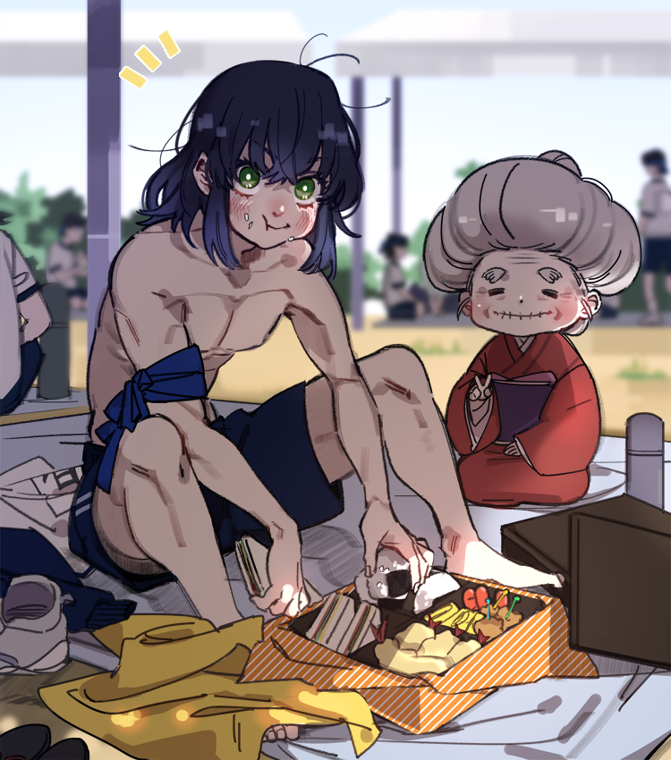 /\/\/\, 1boy, 1girl, abs, aosuki88, armband, bare_legs, barefoot, blanket, blue_hair, blue_shorts, blurry, blurry_background, blush, closed_eyes, closed_mouth, contemporary, crumbs, eating, eyebrows_visible_through_hair, food, green_eyes, grey_hair, gym_uniform, hair_between_eyes, hashibira_inosuke, hisa_(kimetsu_no_yaiba), japanese_clothes, kimetsu_no_yaiba, kimono, looking_at_viewer, medium_hair, messy_hair, obentou, obi, old_woman, omelet, onigiri, outdoors, sandwich, sash, sausage, shirt_removed, shirtless, shoes_removed, shorts, sitting, smile, tempura, thermos, toned, toned_male, v