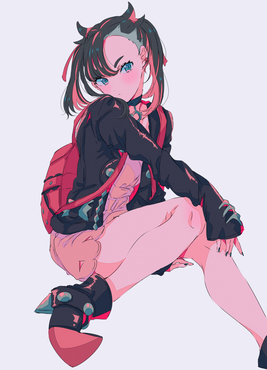 1girl, asymmetrical_bangs, asymmetrical_hair, backpack, bag, bangs, black_choker, black_jacket