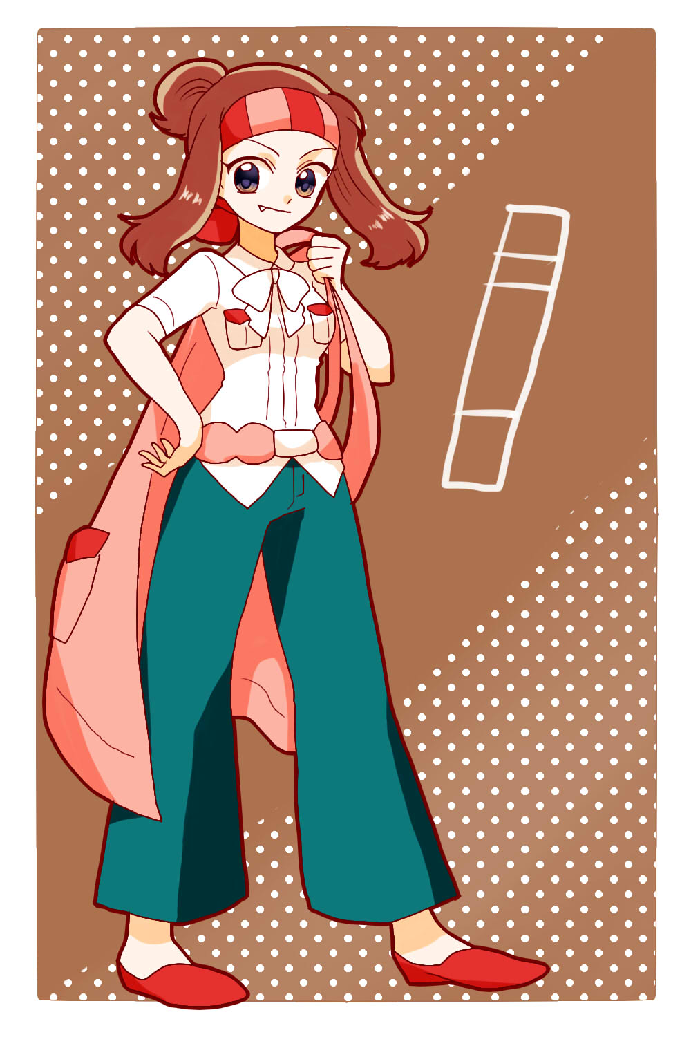 1girl, aloe_(pokemon), aloe_(pokemon)_(cosplay), badge, bangs, basic_badge, black_eyes, breasts, brown_background, brown_hair, cosplay, fang, full_body, green_pants, gym_leader_badge, hibikileon, highres, looking_at_viewer, medium_breasts, medium_hair, odamaki_sapphire, pants, pokemon, pokemon_(game), pokemon_bw, pokemon_special, polka_dot, polka_dot_background, red_footwear, shirt, shoes, short_sleeves, solo, standing, tied_hair, twintails, white_shirt