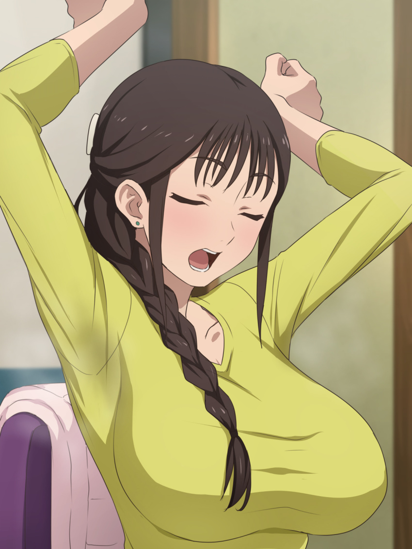 1girl, braid, breasts, brown_hair, closed_eyes, earrings, highres, jewelry
