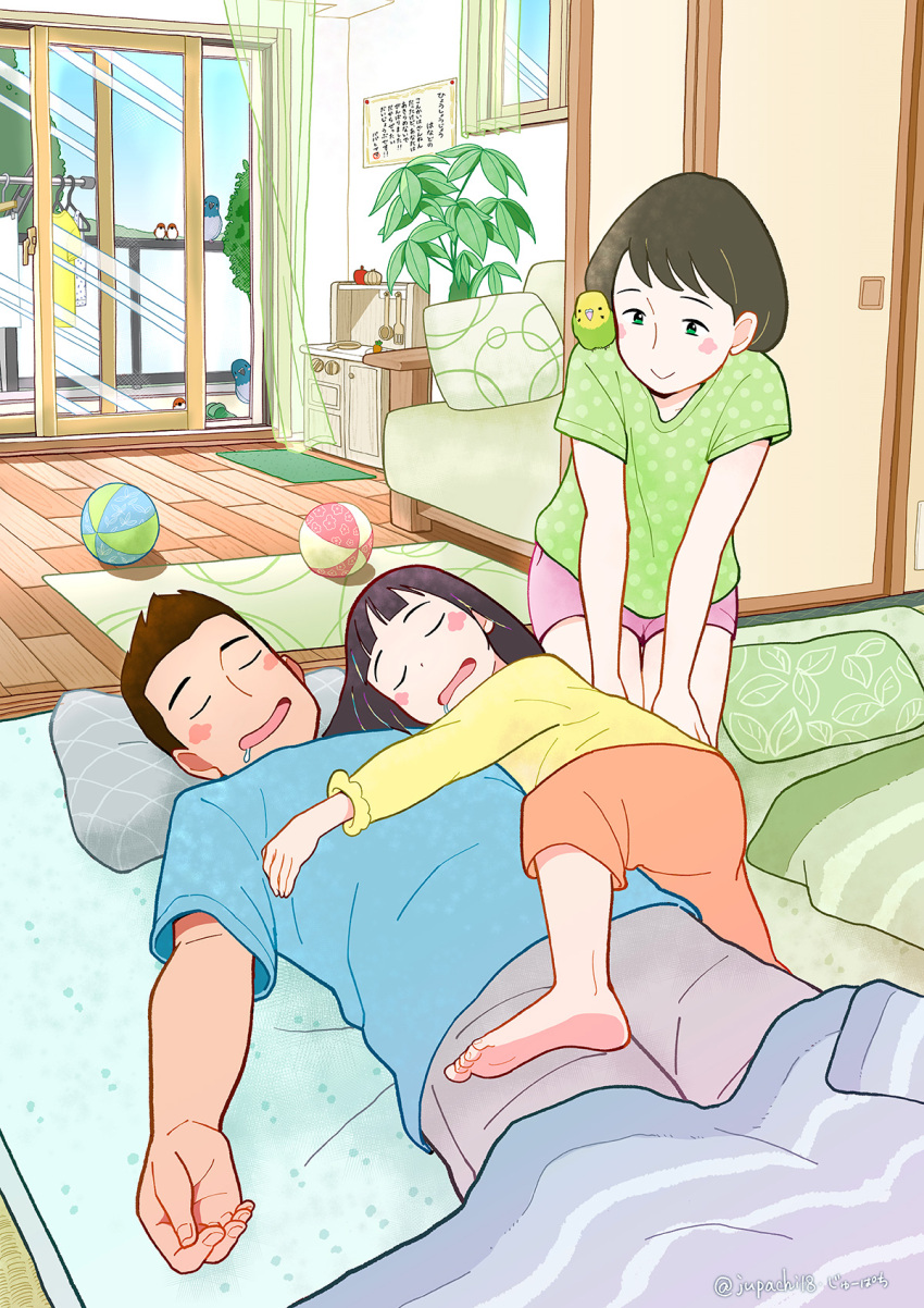 1boy, 2girls, apple, ball, bangs, bird, blue_shirt, blue_sky