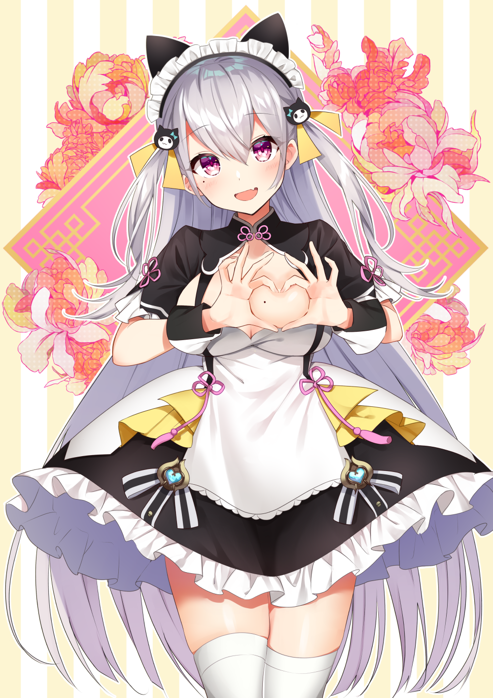 animal_ears, breasts, commentary_request, fake_animal_ears, fang, hair_between_eyes, hair_ornament, haruyuki_14