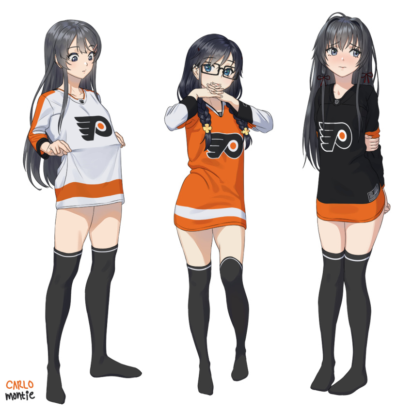 3girls, artist_name, black-framed_eyewear, black_hair, black_legwear, blue_eyes, blush, braid, carlo_montie, commission, crossover, glasses, hair_ornament, hair_ribbon, hairclip, hockey_sweater, holding_own_arm, long_hair, long_sleeves, multiple_girls, national_hockey_league, ore_wo_suki_nano_wa_omae_dake_ka_yo, philadelphia_flyers, ribbon, sakurajima_mai, sanshokuin_sumireko, seishun_buta_yarou, shirt_tug, simple_background, smile, thigh-highs, twin_braids, white_background, yahari_ore_no_seishun_lovecome_wa_machigatteiru., yukinoshita_yukino, zettai_ryouiki