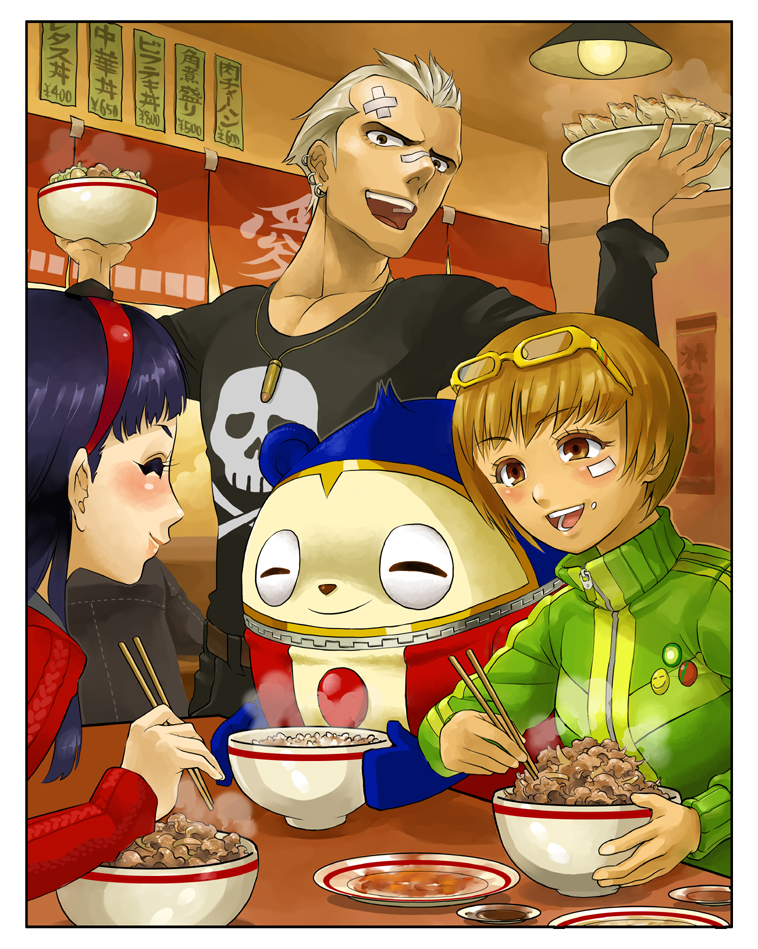 1boy, 1other, 2girls, amagi_yukiko, animal, atlus, bear, black_hair