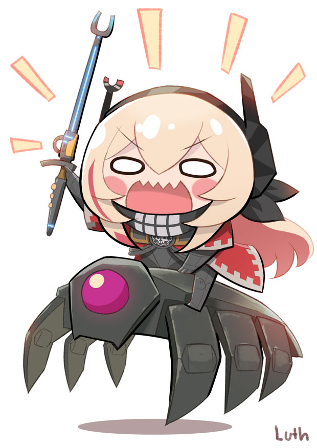 1girl, 1other, adeptus_mechanicus, bandana, bug, chibi, girls_frontline, headphones