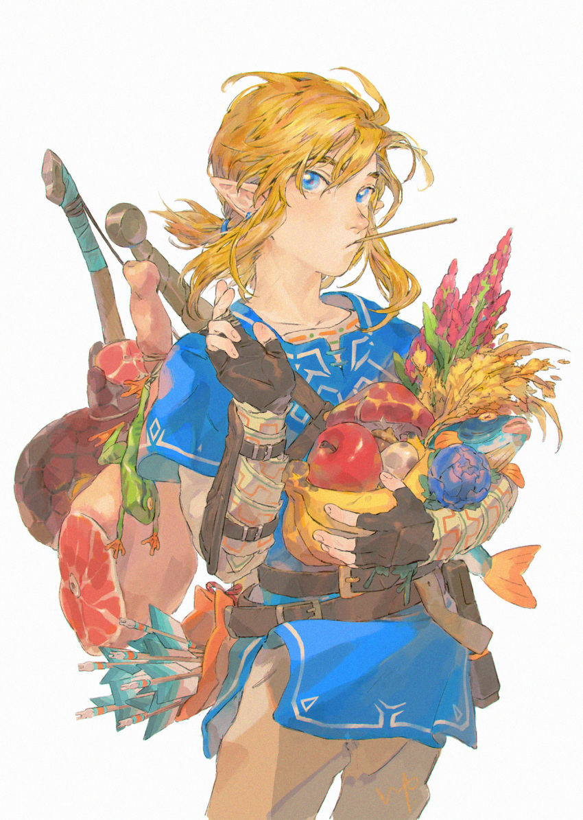 1boy, ahoge, apple, arm_up, armlet, arrow, bangs, belt