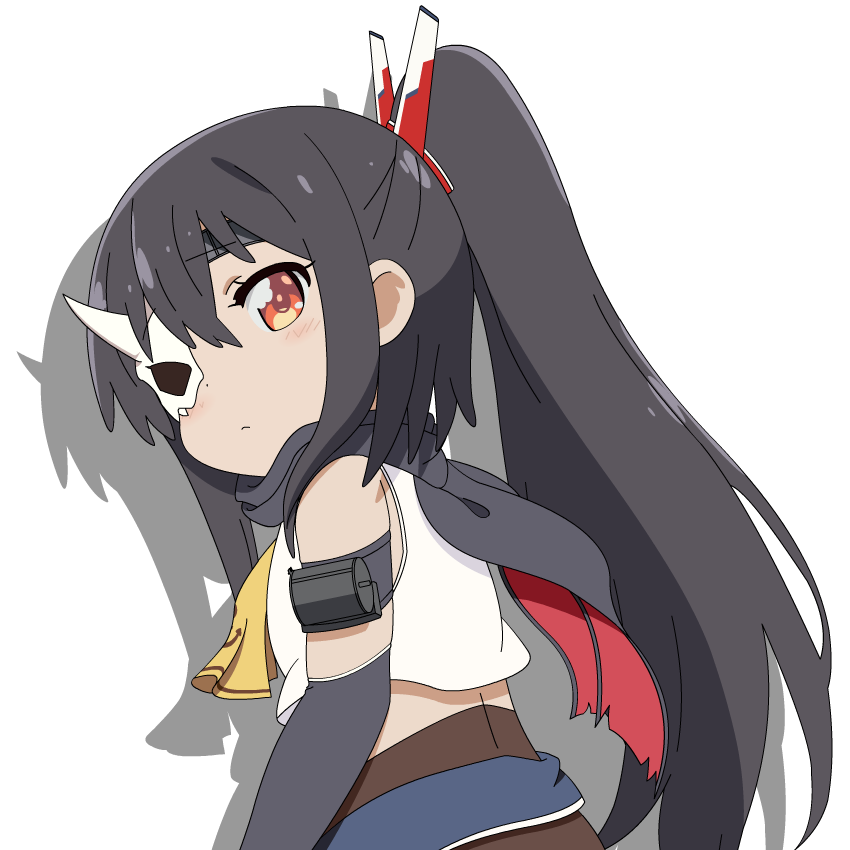 1girl, akatsuki_(azur_lane), arm_warmers, armband, ascot, azur_lane, black_hair, crop_top