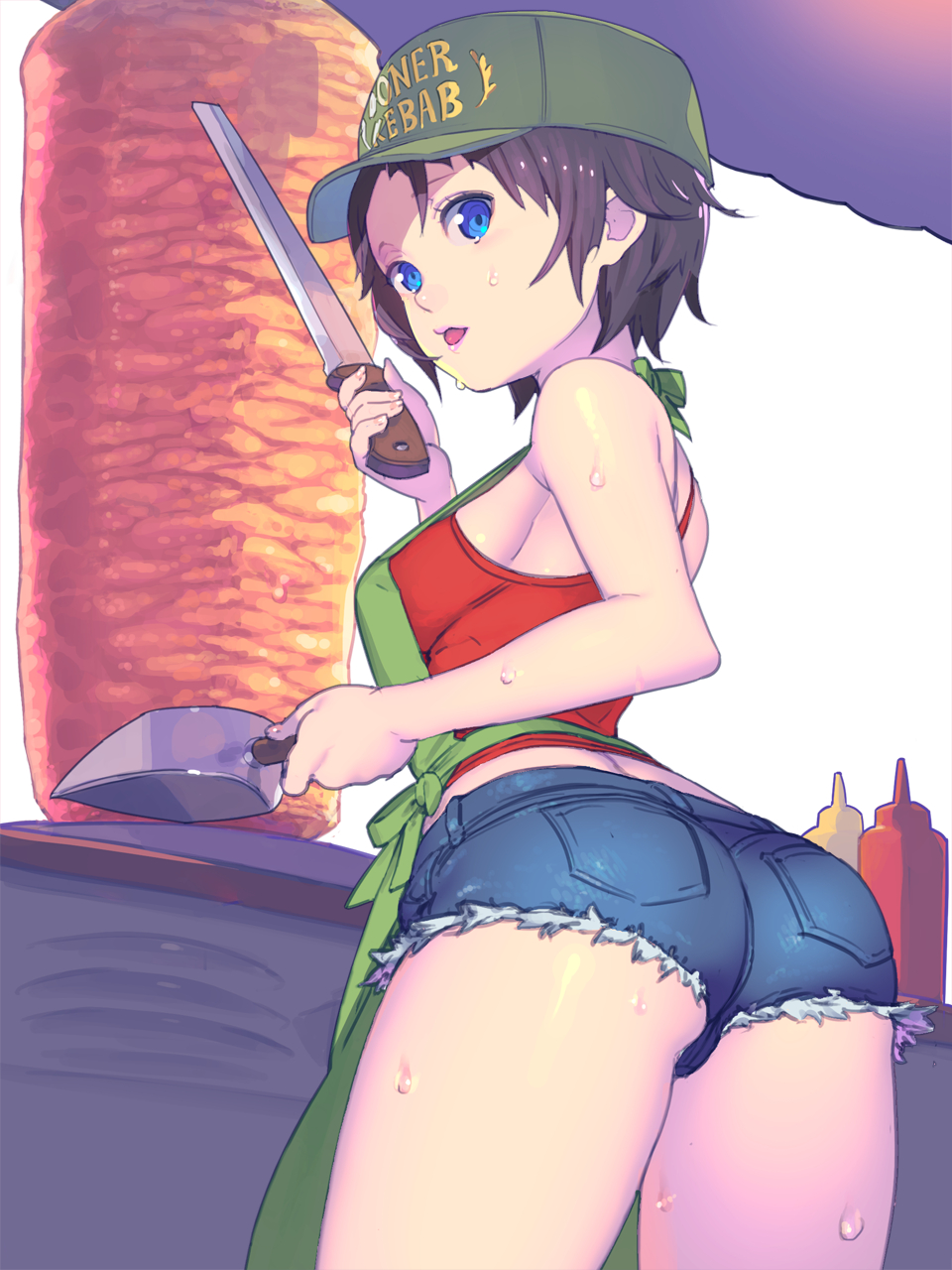 1girl, apron, ass, back, bare_shoulders, baseball_cap, blue_eyes, blue_shorts