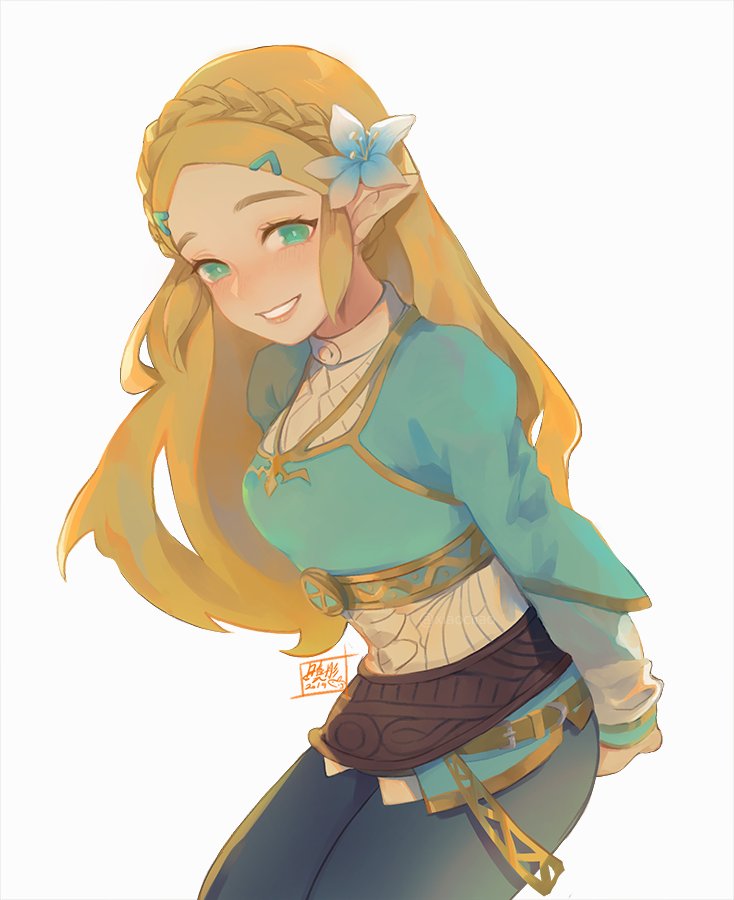 1girl, arms_behind_back, artist_name, bangs, blonde_hair, blue_shirt, blush, braid, breasts, collar, commentary_request, flower, green_eyes, grey_pants, hair_flower, hair_ornament, hairclip, happy, long_hair, long_sleeves, looking_at_viewer, open_mouth, pants, parted_bangs, pointy_ears, princess_zelda, shirt, sidelocks, simple_background, smile, solo, standing, teeth, the_legend_of_zelda, the_legend_of_zelda:_breath_of_the_wild, thick_eyebrows, upper_body, white_background, white_flower, xiaociiao