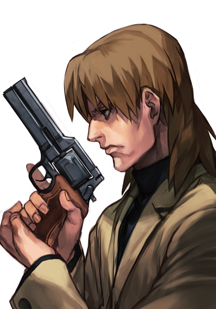 1boy, brown_eyes, brown_hair, closed_mouth, coat, ghost_in_the_shell, ghost_in_the_shell_stand_alone_complex, gun, handgun, hankuri, holding, holding_gun, holding_weapon, male_focus, mateba_2008m, mullet, profile, revolver, solo, sweater, togusa, turtleneck, turtleneck_sweater, weapon, white_background