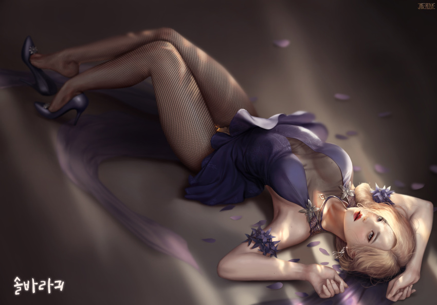 1girl, absurdres, arms_up, black_legwear, blonde_hair, breasts, brown_footwear, brown_legwear