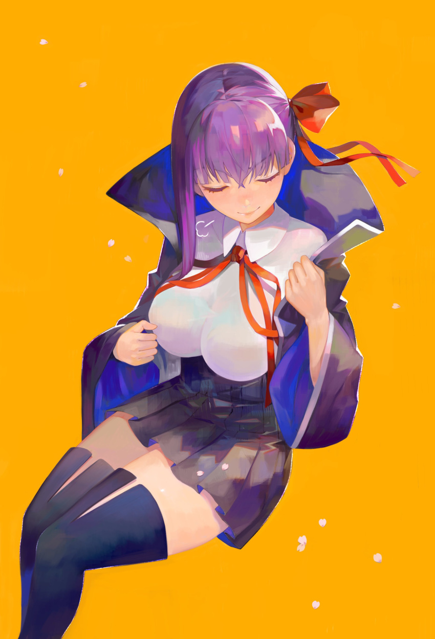 1girl, absurdres, bangs, bb_(fate)_(all), black_legwear, black_skirt, breasts, cape