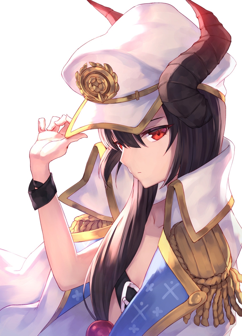 1girl, absurdres, arm_up, bangs, belt, beltbra, black_belt, black_hair, closed_mouth, commentary_request, curled_horns, epaulettes, eyebrows_visible_through_hair, hair_between_eyes, hair_ornament, hand_on_headwear, hat, highres, horns, jacket, jacket_on_shoulders, looking_at_viewer, masaki_(msk064), military_hat, military_jacket, peaked_cap, red_eyes, simple_background, solo, upper_body, vgaming, virtual_youtuber, white_background, white_headwear, white_jacket, yoruno_yui