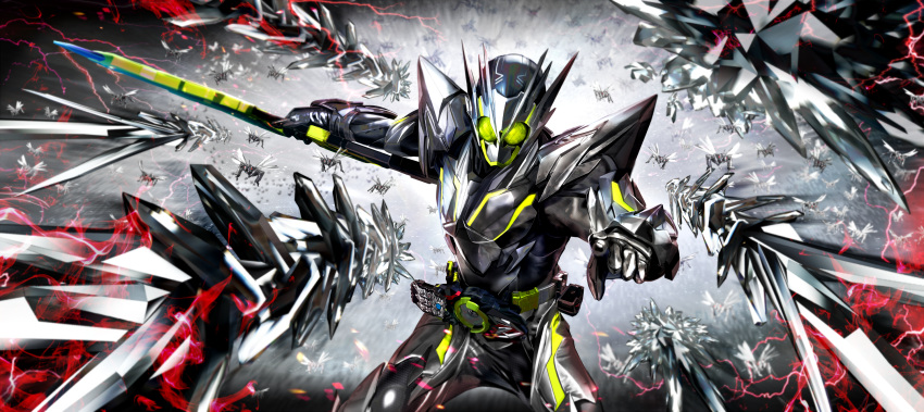 1boy, armor, belt, bug, commentary_request, compound_eyes, grasshopper, helmet, highres, insect, kamen_rider, kamen_rider_01_(series), kamen_rider_zero-one, male_focus, masukudo_(hamamoto_hikaru), metalcluster_hopper, progrise_key, shiny, solo, sword, tokusatsu, weapon