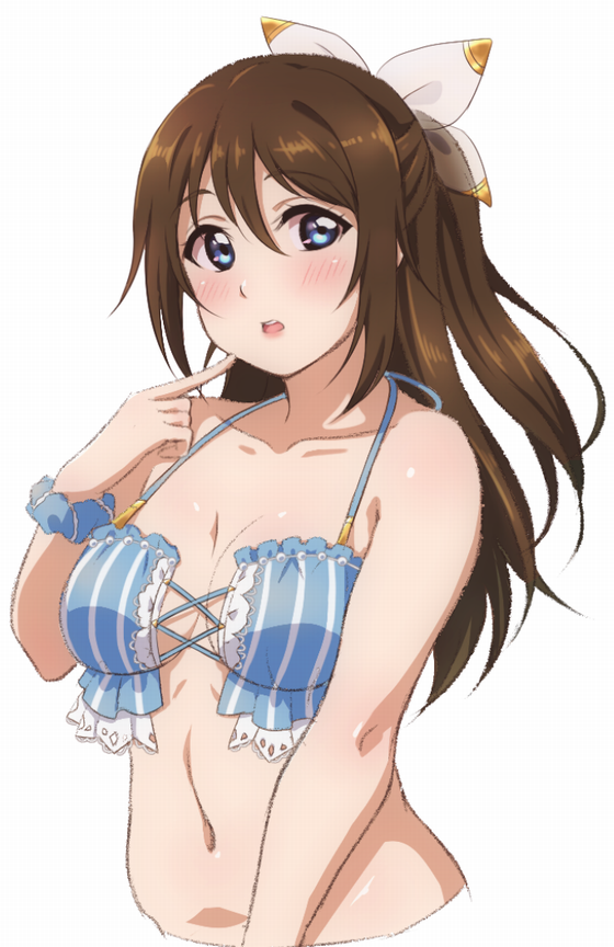 1girl, bikini, blue_bikini, blue_eyes, blue_scrunchie, blush, breasts, brown_hair