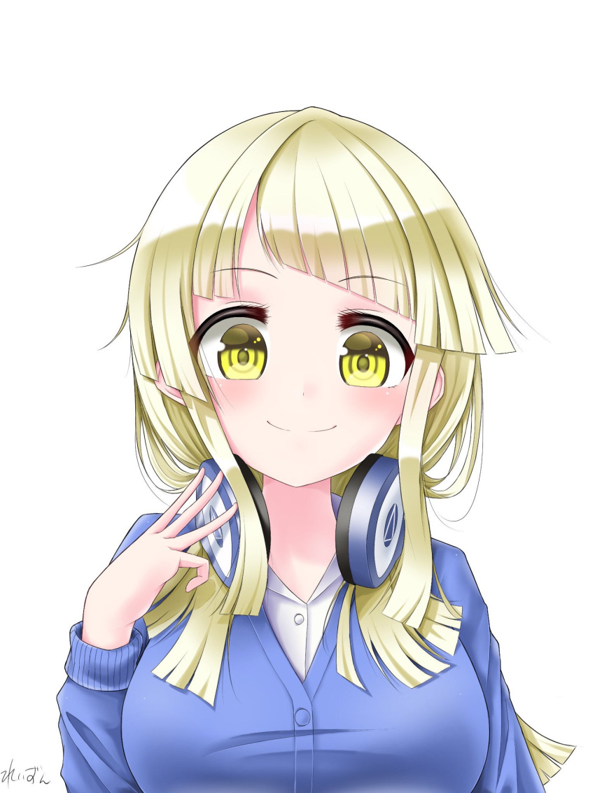 1girl, alternate_breast_size, artist_name, bang_dream!, bangs, blonde_hair, blue_cardigan, cardigan
