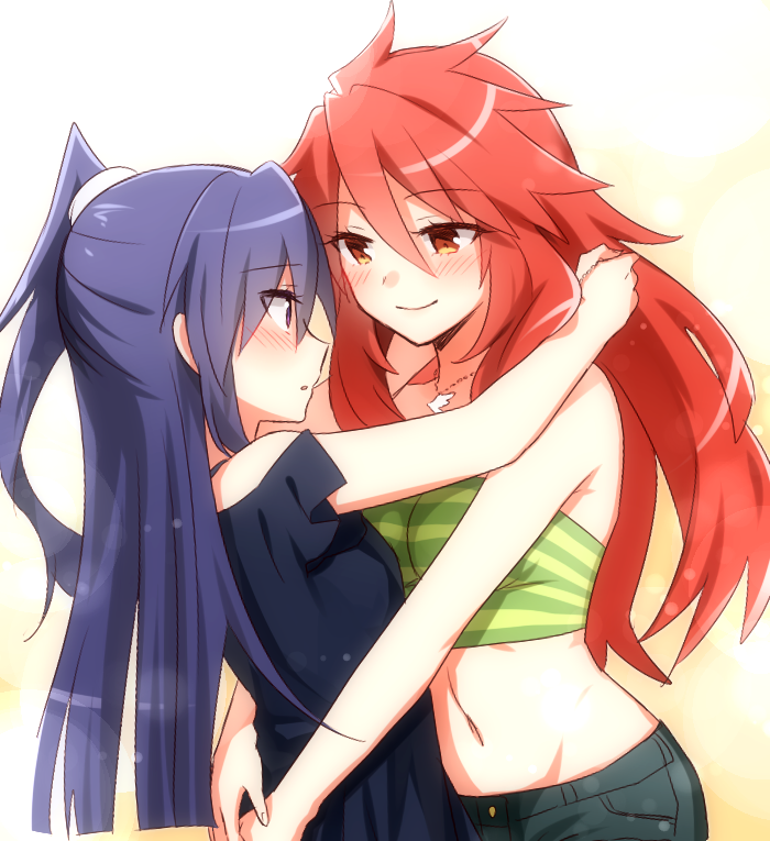 2girls, amou_kanade, arms_around_waist, asymmetrical_docking, bangs, black_pants, blue_dress, blue_eyes
