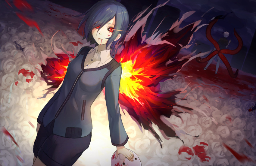 1boy, 1girl, bangs, black_hair, black_sclera, blood, blood_from_mouth, blood_on_face