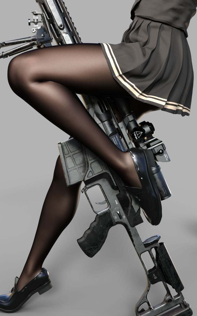1girl, 3d, bipod, black_legwear, commentary, commentary_request, digiplant, feet