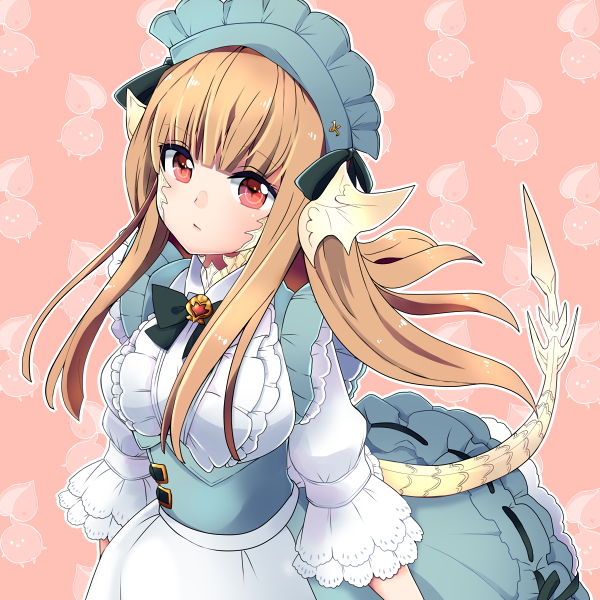 1girl, apron, au_ra, bangs, black_bow, black_neckwear, blunt_bangs, bow