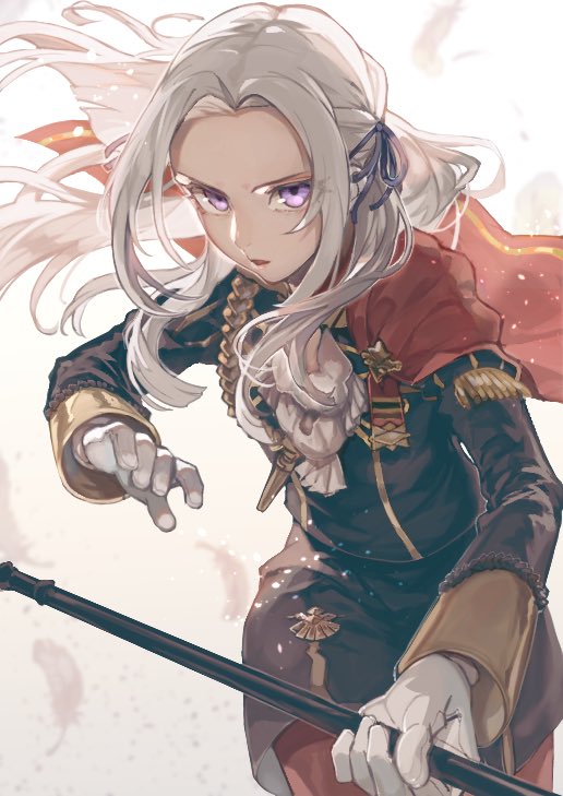 1girl, aiguillette, cape, commentary, determined, edelgard_von_hresvelg, english_commentary, feathers