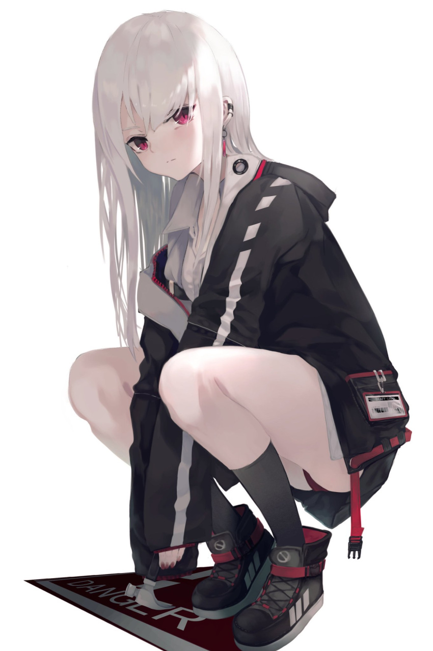 1girl, ass, bangs, black_footwear, black_jacket, black_legwear, blush, closed_mouth