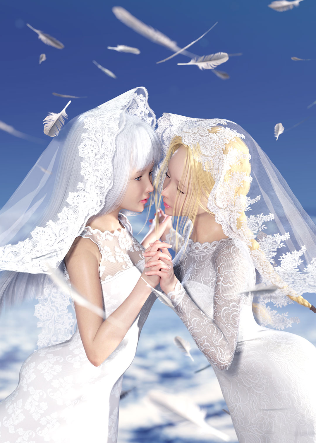 3d, blonde_hair, bride, digiplant, dress, grey_hair, highres, original