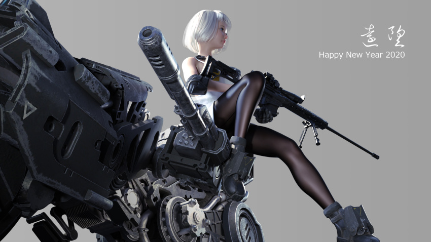 1girl, 2020, 3d, black_legwear, boots, digiplant, feet, grey_hair, ground_vehicle, gun, highres, legs, military, motor_vehicle, motorcycle, nengajou, new_year, original, pantyhose, short_hair, skirt, weapon