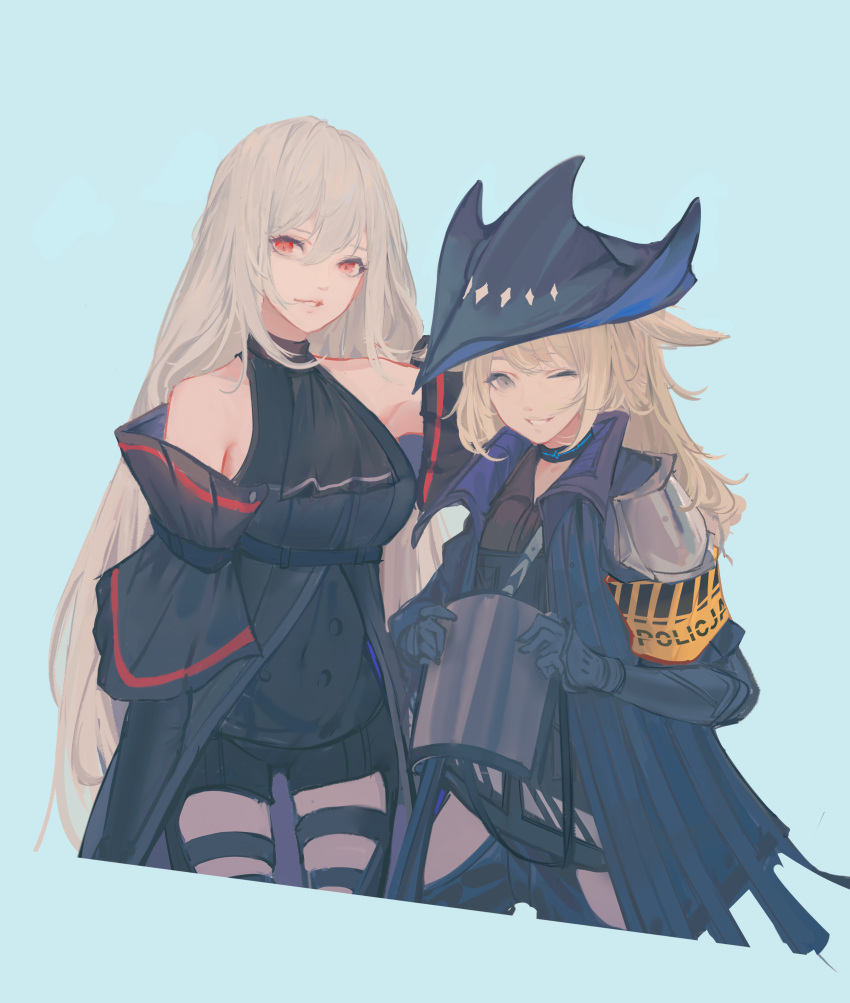 2girls, absurdres, arknights, armband, armpits, bangs, bare_shoulders, black_headwear