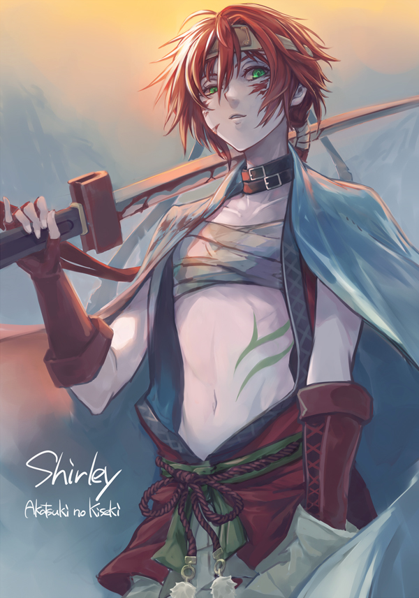 1girl, akatsuki_no_kiseki, alternate_costume, ao_no_kiseki, blood, blood_on_face, bloody_clothes, bloody_weapon, body_markings, breasts, character_name, collar, copyright_name, cowboy_shot, day, eiyuu_densetsu, elbow_gloves, fingerless_gloves, gloves, green_eyes, hair_between_eyes, headband, irise_ryouji, japanese_clothes, katana, midriff, navel, outdoors, over_shoulder, parted_lips, pom_pom_(clothes), red_gloves, redhead, rope, sarashi, shirley_orlando, short_hair, small_breasts, solo, sword, tied_hair, toned, weapon, weapon_over_shoulder, zero_no_kiseki