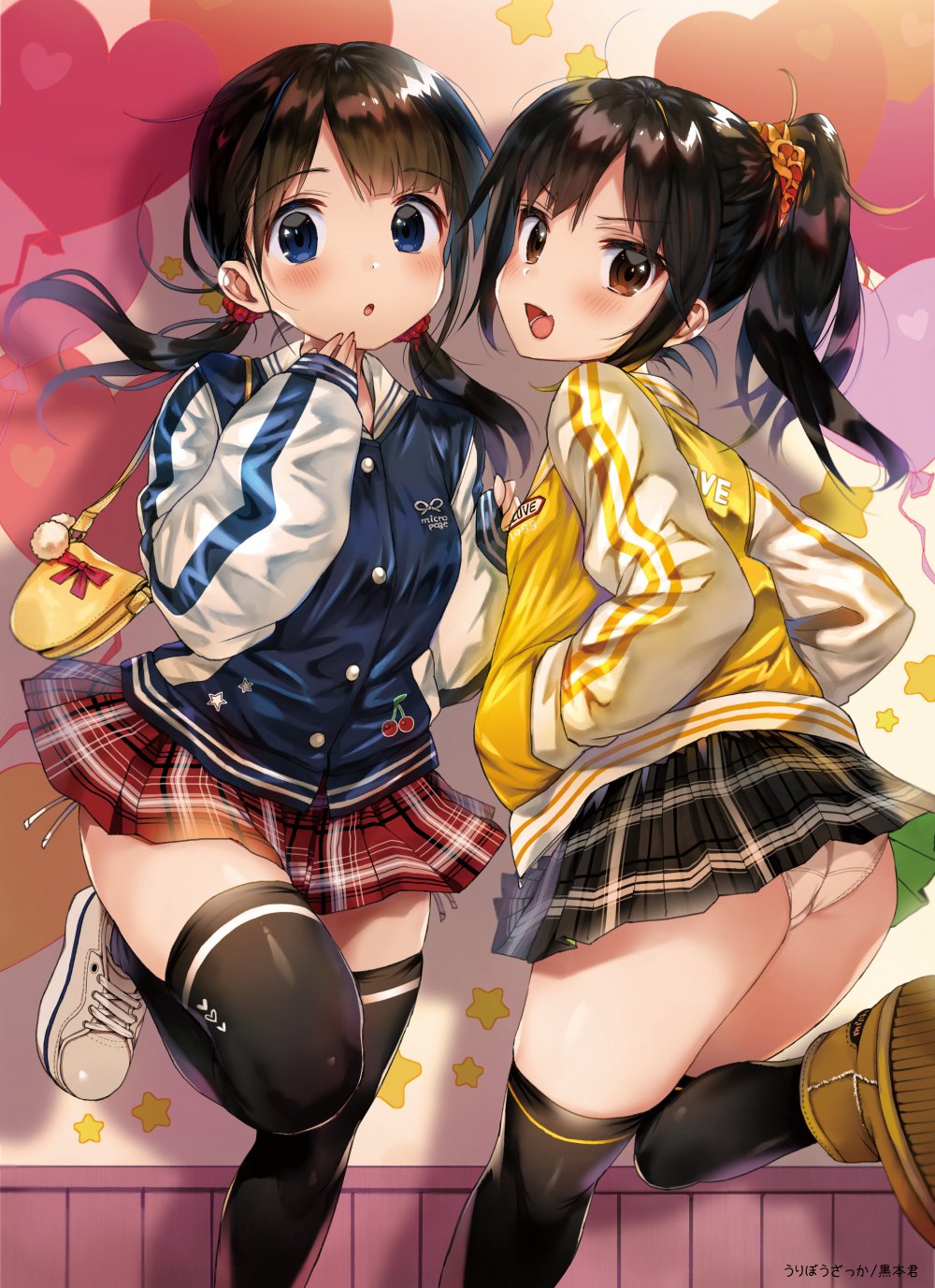 2girls, bag, black_hair, black_legwear, blush, boots, brown_eyes, commentary_request, fang, hair_ornament, hair_scrunchie, handbag, hands_in_pockets, high_ponytail, highres, jacket, kuromoto-kun_(rina_masimaro), long_hair, long_sleeves, looking_at_viewer, low_twintails, miniskirt, multiple_girls, open_mouth, original, panties, pantyshot, plaid, plaid_skirt, pleated_skirt, scrunchie, shoes, skin_fang, skirt, sleeves_past_wrists, sneakers, thigh-highs, twintails, underwear, white_panties, zettai_ryouiki
