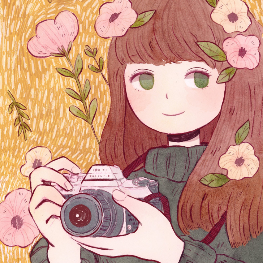 1girl, bangs, blush, brown_hair, camera, coco_glez, eyebrows_visible_through_hair, flower, green_eyes, highres, holding, holding_camera, leaf, long_hair, original, pink_flower, smile, solo, upper_body