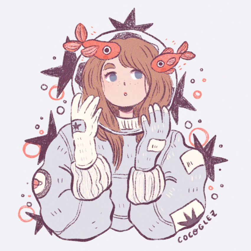 1girl, artist_name, astronaut, astronaut_helmet, asymmetrical_gloves, blue_eyes, brown_hair, bubble, circle, coco_glez, fish, freckles, gloves, highres, long_hair, long_sleeves, original, saturn, signature, solo, star, upper_body