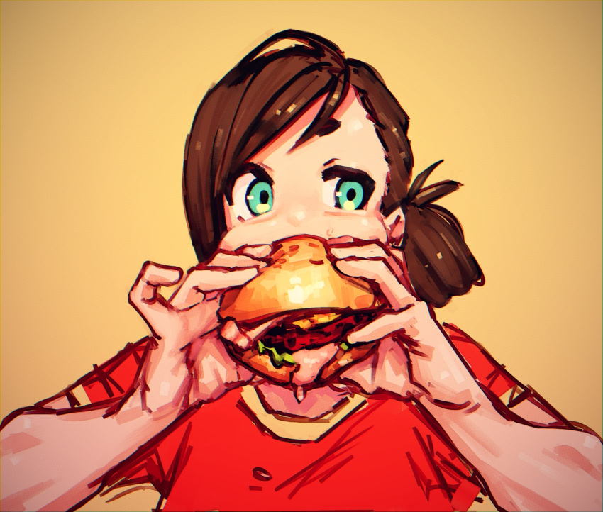 1girl, aqua_eyes, brown_hair, covered_mouth, dripping, eating, food, hamburger