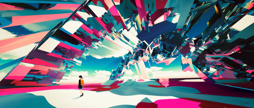 1girl, abstract, black_hair, black_shirt, blue_skirt, blue_sky, clouds, cloudy_sky
