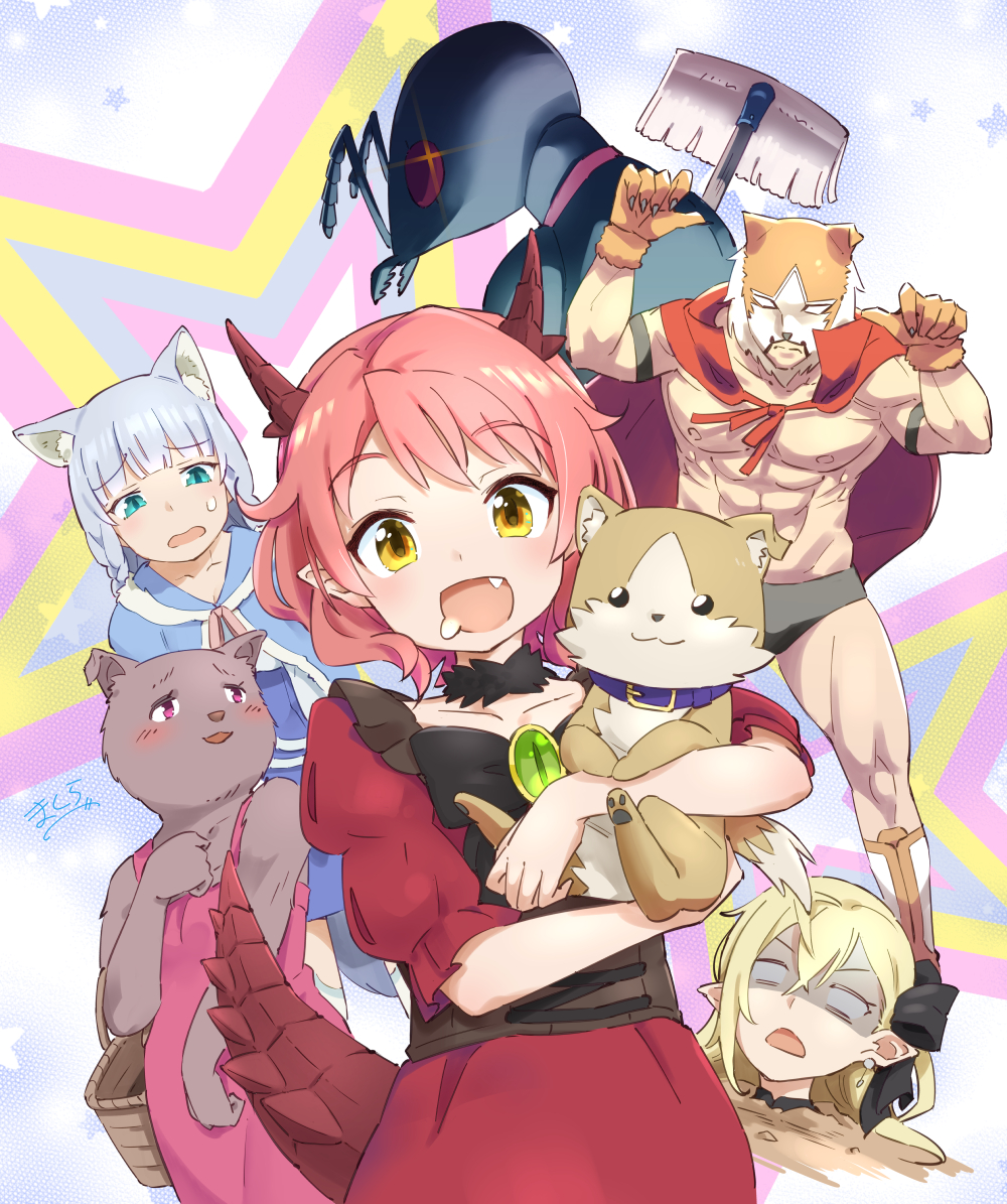2boys, 4girls, animal_ear_fluff, animal_ears, apron, blonde_hair, blue_cloak, blue_eyes