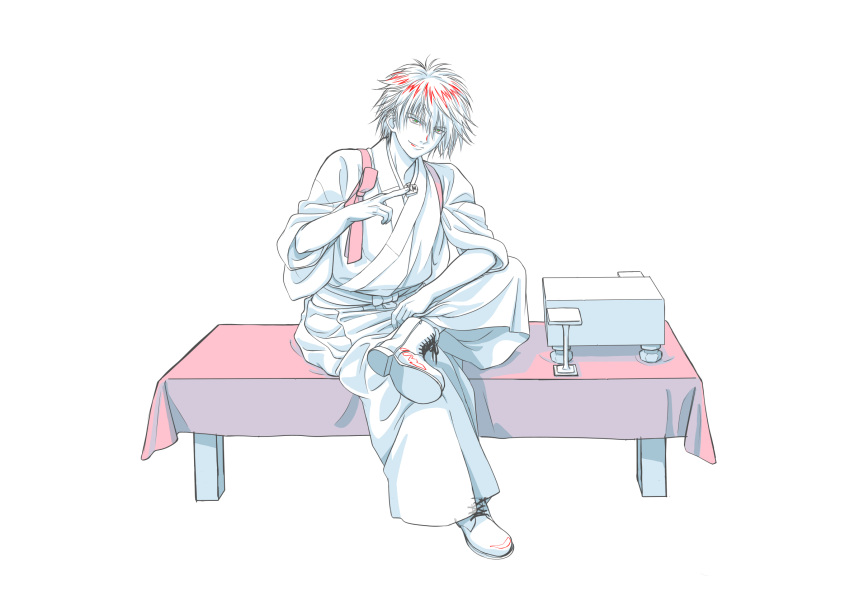 1boy, bench, between_fingers, board_game, boots, chamisuke, cross-laced_footwear, eyebrows_visible_through_hair