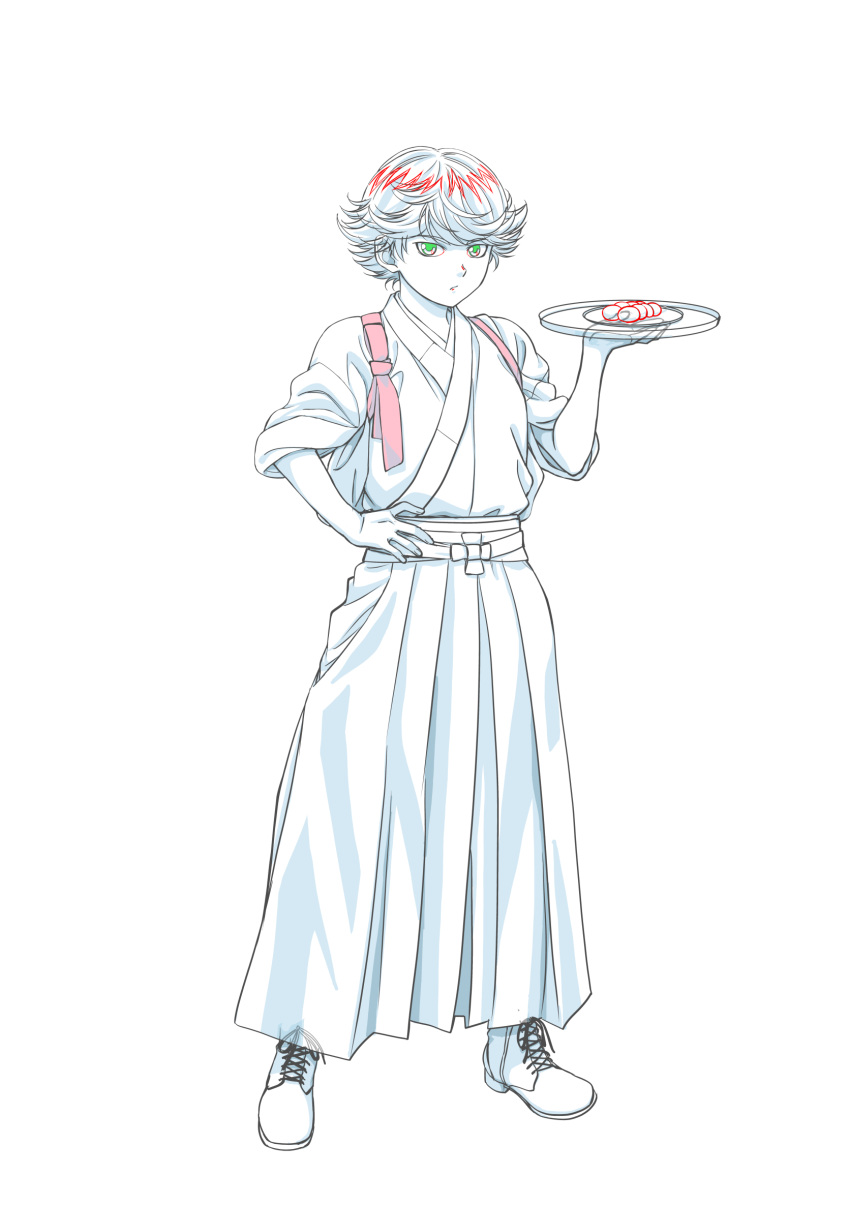 1boy, :/, boots, chamisuke, cross-laced_footwear, food, hakama, hand_on_hip