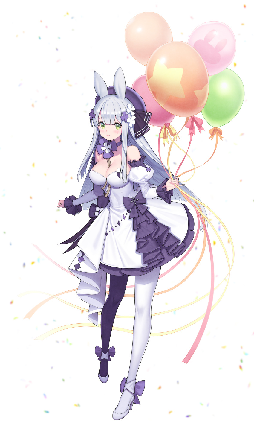 1girl, absurdres, balloon, bangs, bare_shoulders, between_breasts, black_bow, black_legwear