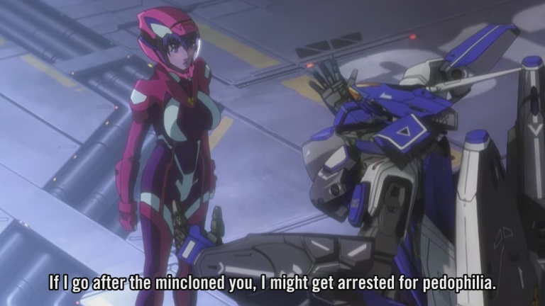 cap, fansub, giantess, helmet, klan_klein, macross, macross_frontier, mecha, meltrandi, mikhail_buran, pilot_suit, screencap, spacesuit, subtitled, truth, vf-25, zentradi