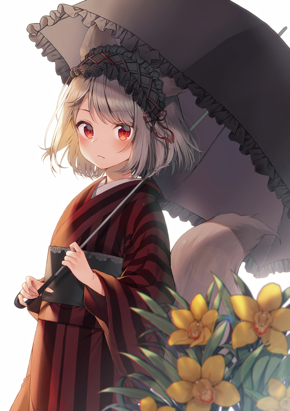1girl, animal_ears, backlighting, bangs, black_umbrella, blush, brown_hair, closed_mouth