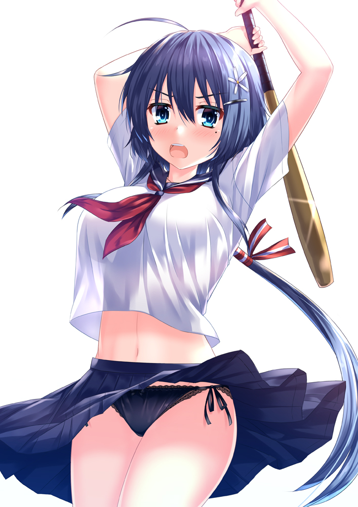 1girl, :o, ahoge, bangs, bat, black_panties, blue_eyes, blue_hair